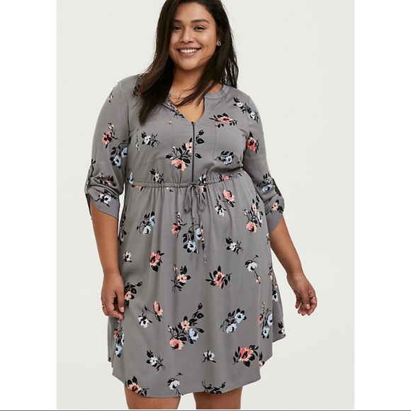 torrid Dresses & Skirts - TORRID GREY FLORAL CHALLIS ZIP FRONT SHIRT DRESS